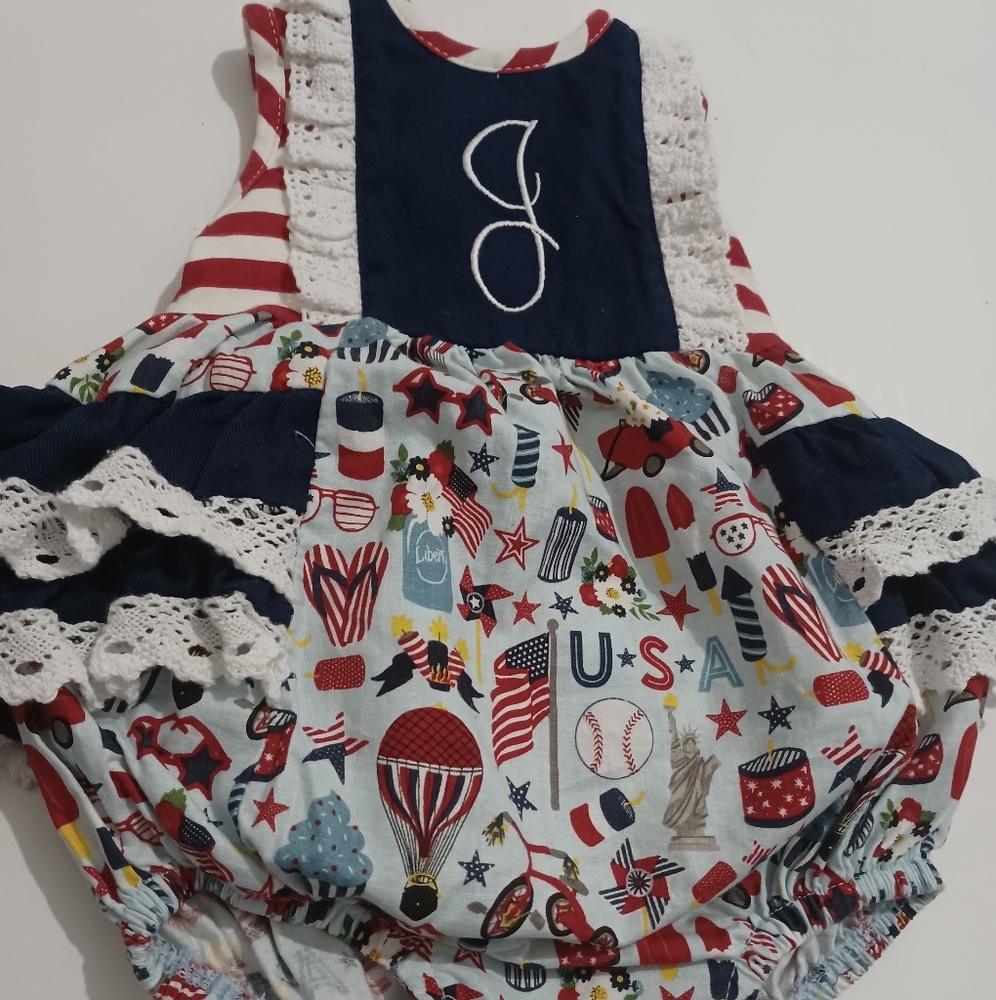 RICRAC & RUFFLES 3/6 Bubble Romper Baby Girl Gingham Red White Blue July 4th. Co